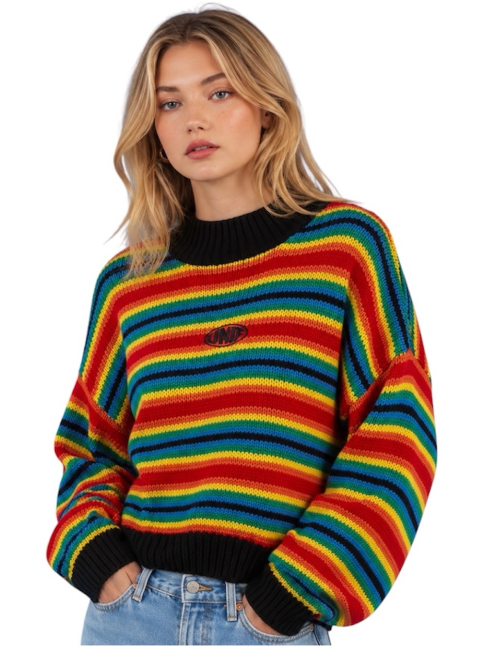UNIF Clarissa Knit Linen/Cotton Blend sweater, Vibrant Rainbow Colors, XS-M